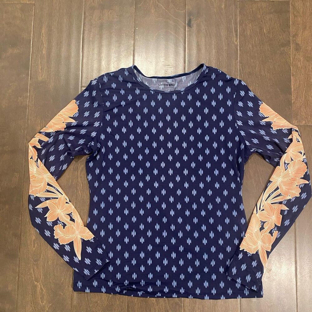 Lands' End Swim Tee Women XXS Blue Rash‎ Guard  Floral Ikat Travel Top READ